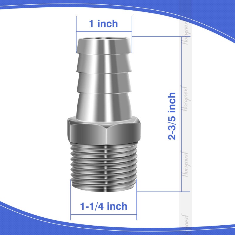 Horiznext NPT 1" male thread to 1 inch O.D. barb stainless steel pipe fitting, for connecting 1 inch I.D. air hose tubing, pack of 2 pcs - Image 2